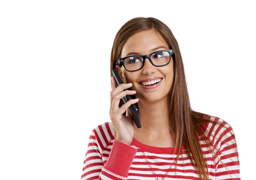 Phone call, thinking and happy woman or student in university choice or feedback isolated on transparent png background. News, contact and person for help, info and college or education communication