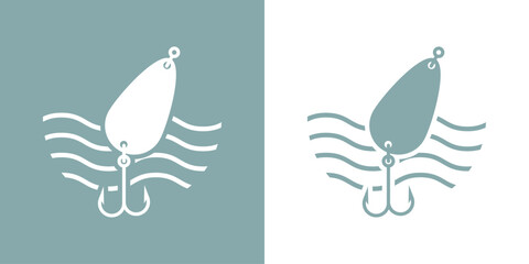 Logo de pesca. Icono aislado anzuelo doble de pesca con olas de mar