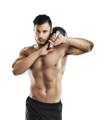 Portrait, fitness and kettlebell training with a man isolated on a transparent background for a...