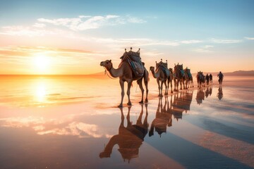 Caravan of camels on the salt lake at sunrise. Generative AI