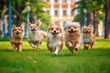 Cute funny dogs running in park. Generative AI