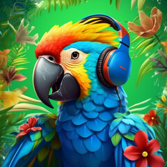 Fototapeta premium Parrot listening to music with some music headphones. Generative AI.