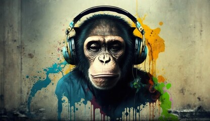 Image of Graffiti inspired of a monkey with headphones made Ai generative technology printed on Printed Glass Basin Splashbacks