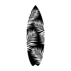 Logo club de surf. Silueta de tabla de surf con hojas de palmera en espacio negativo