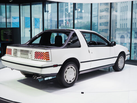 TOKYO, JAPAN - May 7, 2023: A Nissan EXA displayed on a turntable in a showroom in Ginza.