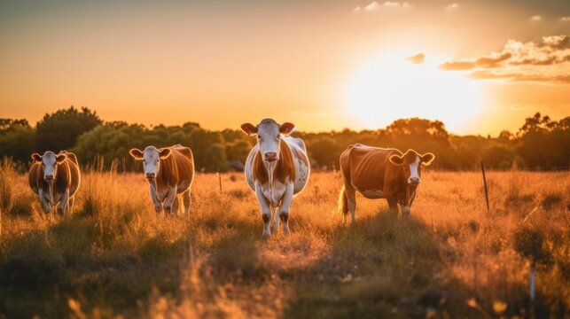 A herd of cows standing on top of a grass covered field. Generative AI image.