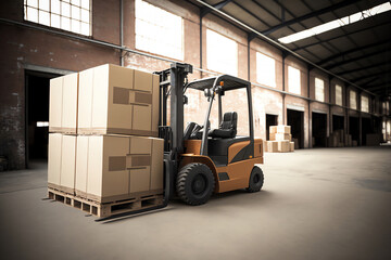 Forklift loader in storage warehouse ship yard. Distribution products. Delivery. Logistics. Transportation. Generative ai.