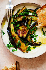 Grilled eggplant Turkish style with garlic yogurt .top veiw