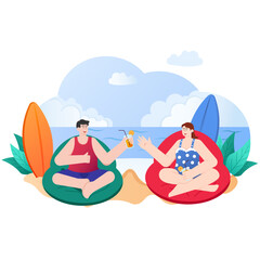 Man And Woman Relaxing On The Beach Illustration