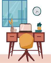 Desk home office. Working cabinet space. Computer on a desk. Chair. Vector illustration.