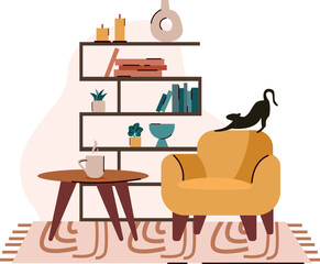 Chair living room scene. Cat on a chair. Mid century style. Vector illustrations.