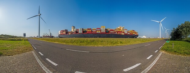 Panoramic picture from port Rotterdam with big container ship