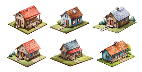 Fototapeta premium Watercolor set of isometric houses. Generative Ai