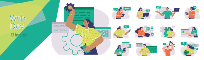 Set of mini concepts on the topic of web dev. Presentation of the stages of web design development. Vector illustration.