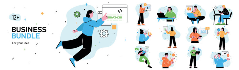 Set of mini concepts on the topic of business bundle. Image in flat cartoon style of creating business bundle by different people. Vector illustration.