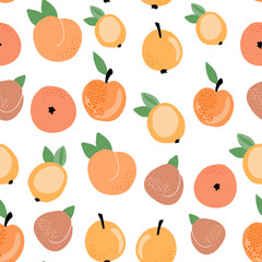 A set of cute vector seamless patterns with abstract flowers, fruits with simple shapes, leaves