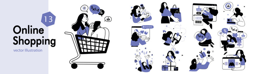 Set of mini concepts on the topic of online shopping. Image of young people shopping using Internet. Vector illustration.