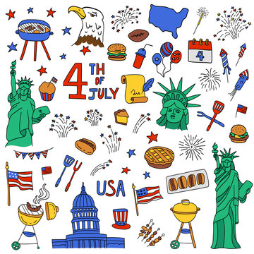 United States of America culture doodle set. Independence Day symbols artistic illustration. American landmarks.