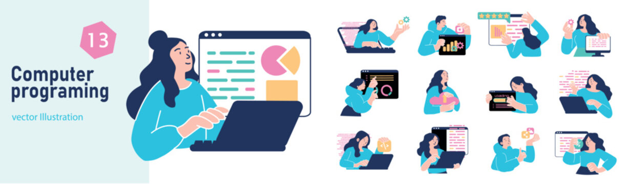 Set of mini concepts on the topic of computer programing. Illustration of the stages of learning computer programming in flat design. Vector illustration.