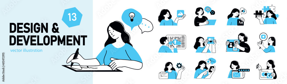 Poster set of mini concepts on the topic of design development. designers work on various stages of project