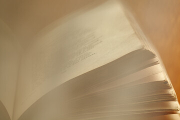 Abstract blurred background of sheets of an old book. Macro view of the pages of a book. Book open...