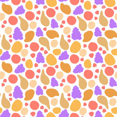 A set of cute vector seamless patterns with abstract flowers, fruits with simple shapes, leaves