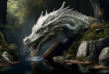 White dragon drinks water from the river. AI Generated