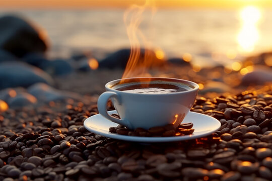A cup of steaming coffee stands on a pebble of coffee beans