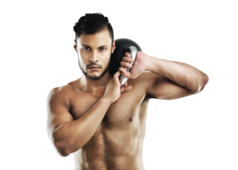 Portrait, fitness and kettlebell with a bodybuilder man isolated on a transparent background for a workout. Exercise, weight lifting or strong with a shirtless male athlete training for health on PNG