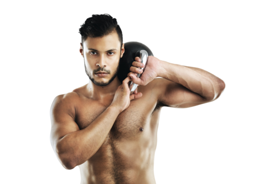 Portrait, fitness and kettlebell with a bodybuilder man isolated on a transparent background for a workout. Exercise, weight lifting or strong with a shirtless male athlete training for health on PNG