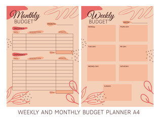 The weekly and monthly budget planner in A4 format. Financial planner. Finances, income, and expenses. - obrazy, fototapety, plakaty