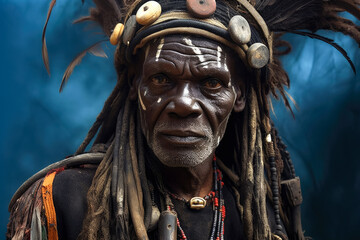 African shaman or witch doctor, mystical dark occult portrait. Generative AI