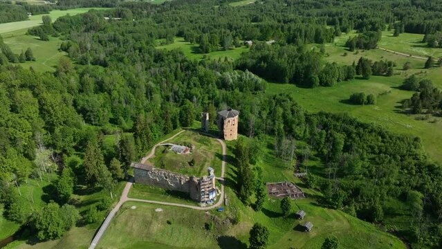 Aerial view of ruins of Vastseliina Episcopal Castle, Estonia.