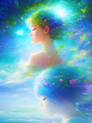 Futuristic Illustration of Digital Composite of two fantasy woman with eyes closed and colorful hait with plant elements flowing in wind created with generative ai