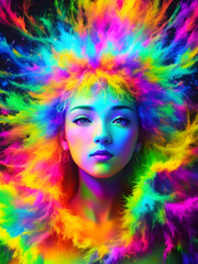 Obraz na płótnie Canvas Vibrant Portrait Illustration: Young Woman with Psychedelic Art and Multi Colored Color Clouds created with generative ai
