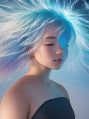 Calming Flow: Beautiful Woman with white blue Hairstlye Meditating in a Dreamy Floral Fantasy - created with generative ai