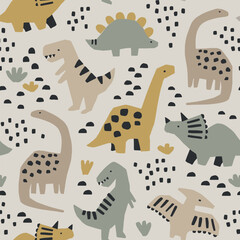 Estores personalizados infantiles con tu foto Hand drawn seamless pattern with dinosaurs and abstract shapes. Colorful Dino design. Perfect for kids fabric, textile, nursery wallpaper. Cute dino design. Vector illustration.