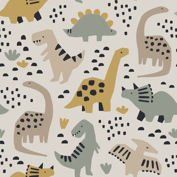 Hand drawn seamless pattern with dinosaurs and abstract shapes. Colorful Dino design. Perfect for kids fabric, textile, nursery wallpaper. Cute dino design. Vector illustration. © mgdrachal