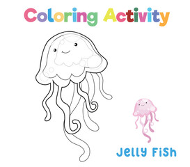 Coloring the jellyfish, the sea animal. Coloring sea animals worksheet. Coloring activity for preschool and kindergarten children. Printable educational printable coloring worksheet. Vector file.