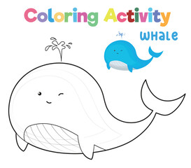 Coloring the whale, the sea animal. Coloring sea animals worksheet. Coloring activity for preschool and kindergarten children. Printable educational printable coloring worksheet. Vector file.