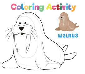 Coloring the walrus the sea animal. Coloring sea animals worksheet. Coloring activity for preschool and kindergarten children. Printable educational printable coloring worksheet. Vector file.