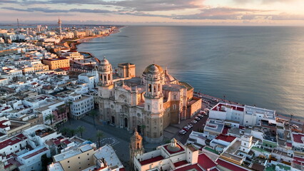 aerial view of old cathedral in Cadiz at sunset, Andalucia, Spain - obrazy, fototapety, plakaty
