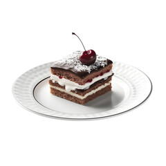 black forest cake served on a plate with cherries, transparent background