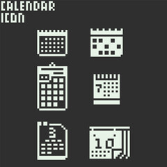 this is Calendar icon 1 bit style in pixel art with white color and black background ,this item good for presentations,stickers, icons, t shirt design,game asset,logo and your project.