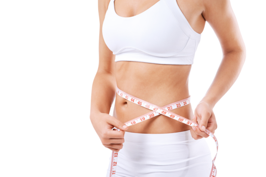 Stomach, fitness and diet with tape for wellness in png or isolated or transparent background. Measure, waist and exercise with nutrition for healthy body or goal with cardio and workout with sport.