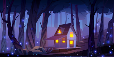Game fantasy forest at night with house landscape background. Scary and mystic scene with cabin, firefly and stone. Nighttime mysterious decoration for halloween with witch building and light window.