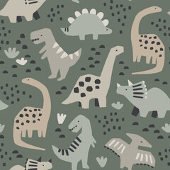 Hand drawn seamless pattern with dinosaurs and abstract shapes. Colorful Dino design. Perfect for kids fabric, textile, nursery wallpaper. Cute dino design. Vector illustration. - 613476180