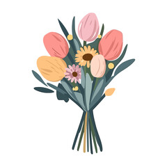 Vector flowers bouquet. Summer spring bouquet sticker isolated, woman flowers gift, tulips and daisies, vector illustration trendy flat design