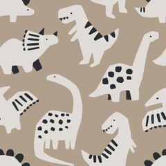 Cute dinosaur seamless pattern. Perfect for kids fabric, textile, nursery wallpaper. Hand drawn dino design. Vector illustration. - 613476182