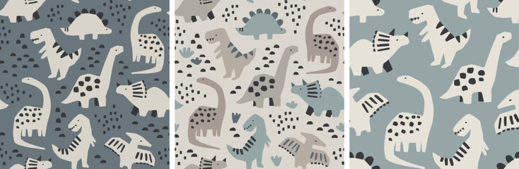 Hand drawn dinosaur pattern collection. Cute dinosaur design set. Perfect for kids fabric, textile, nursery wallpaper. Vector illustration.